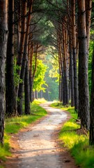 Obraz premium Winding dirt path disappearing between rows of towering trees into bright sunlight, a tranquil forest scene