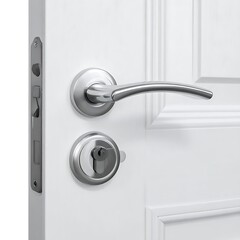 White panel door with polished silver lever handle and matching deadbolt, partially opened, casting a soft shadow