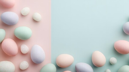 Soft pastel Easter eggs arranged on a split pink and blue background