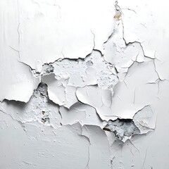 White paint peeling off a rough surface, revealing gray material underneath; close up perspective