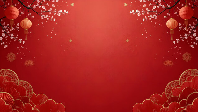 Vibrant red background with traditional Chinese lanterns, white blossoms, and festive golden cloud decorations.