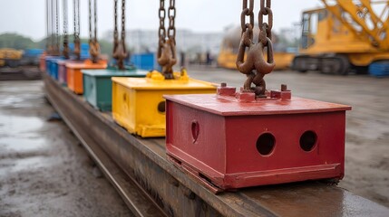 Colorful industrial lifting blocks suspended by chains at a construction site