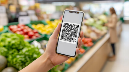 Hand holding a smartphone with a QR code on the background of a grocery store vegetable section, symbolizing digital payment, mobile shopping, retail technology and contactless service