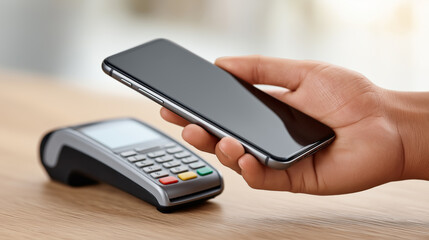 Hand holding a smartphone to a payment terminal at a checkout, illustrating contactless payment, mobile transactions, retail technology and cashless shopping.