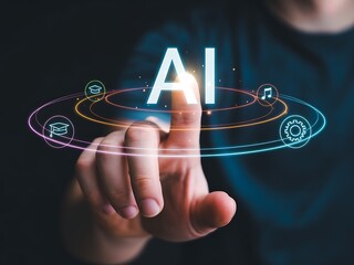 Hand interacting with ai technology concept