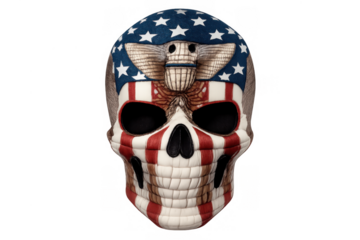 Skull decorated with american flag design and eagle symbol, representing patriotism, freedom, and national identity, on transparent background