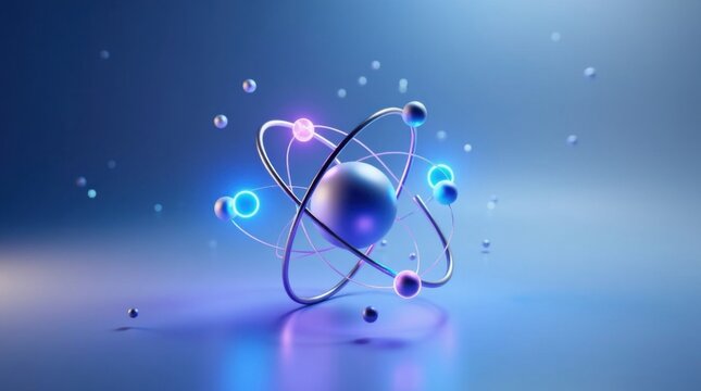 Modelo abstracto de &aacute;tomo en 3D con electrones brillantes orbitando el n&uacute;cleo central