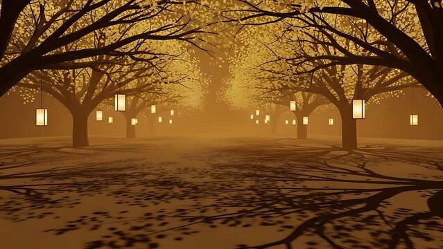A serene and peaceful winter landscape with trees and lanterns - Powered by Adobe