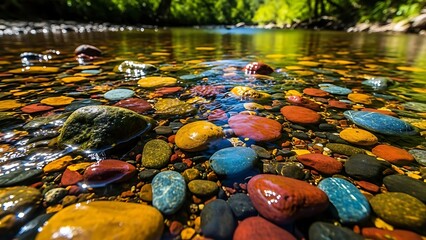 A serene and vibrant riverbed filled with colorful smooth stones underwater