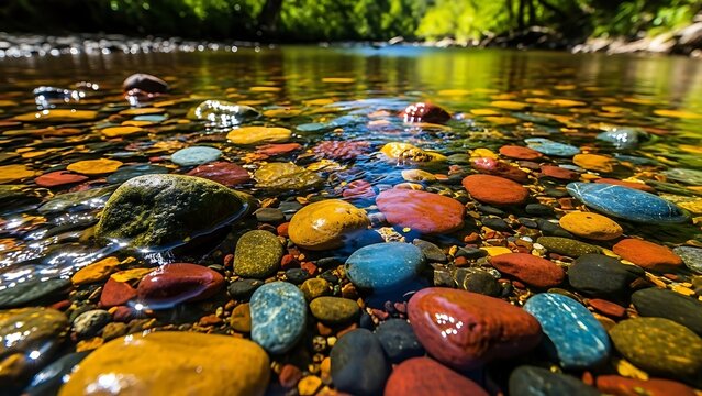 A serene and vibrant riverbed filled with colorful smooth stones underwater - Powered by Adobe