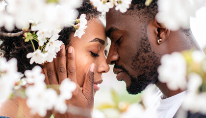 Romantic close-up of two people partially obscured by blooming white cherry blossoms. One hand gently touches the other&rsquo;s face, creating a soft, intimate moment, evoking tenderness, connection, love.