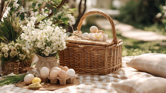 Easter picnic basket filled with eggs and flowers in a sunny garden setting
