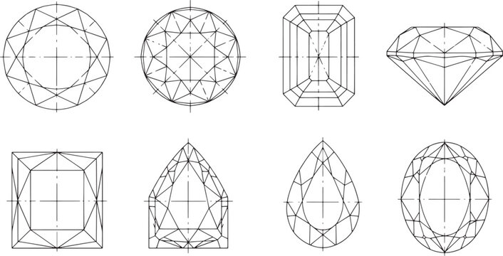 Intricate gem designs, showcase a variety of gemstone cuts, highlighting the facets and geometry of each piece. These detailed line drawings provide a glimpse into the art of gem cutting.