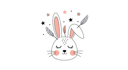 Fototapeta premium Sweet bunny head with pink ears decorated with feathers and black stars in a whimsical boho style nursery illustration.