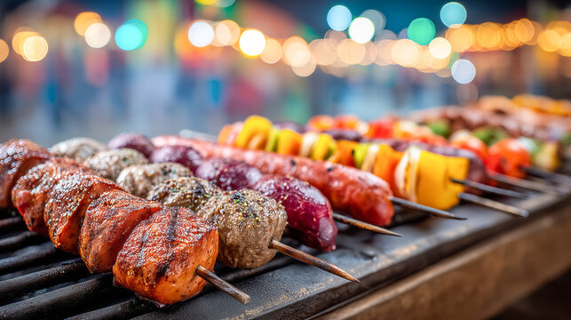 Brazilian espetinho street food placed on a wooden table with a festive carnival atmosphere in the background, representing street food culture and celebration concept.