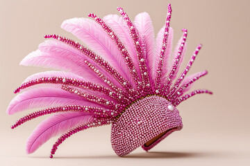 Pink feathered headpiece used as a carnival accessory, representing festive costume culture, celebration atmosphere and decorative performance fashion.