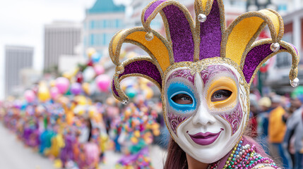 Portrait of a woman wearing a traditional feathered carnival mask against a festive background, symbolizing celebration, mystery, culture, festive atmosphere and an artistic lifestyle.