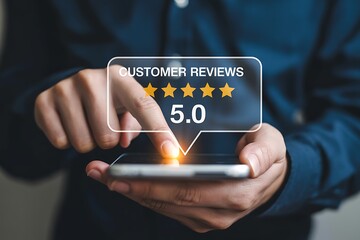 Person holding smartphone with 5-star customer reviews