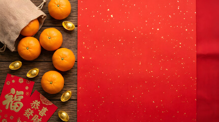 A festive Lunar New Year flat lay featuring bright oranges, gold ingots, red envelopes, and a bold red background on rustic wood, symbolizing luck, wealth, and good fortune.