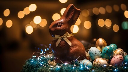 Easter chocolate bunny with decorative eggs and lights