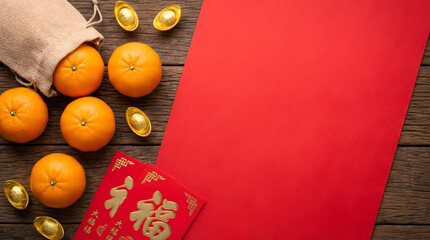 A festive Lunar New Year flat lay featuring bright oranges, gold ingots, red envelopes, and a bold red background on rustic wood, symbolizing luck, wealth, and good fortune.