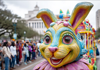 Portrait of a man in a carnival costume and a hare mask with decorative accessories during a street festival reflects the culture, festivity and atmosphere of celebration.