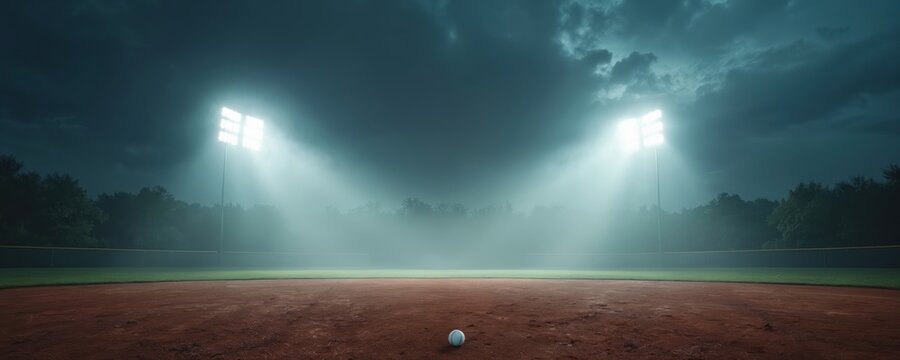 Empty baseball field with bright stadium lights piercing through fog. Dramatic overcast sky looms above dirt infield and green outfield grass. A lone ball rests.