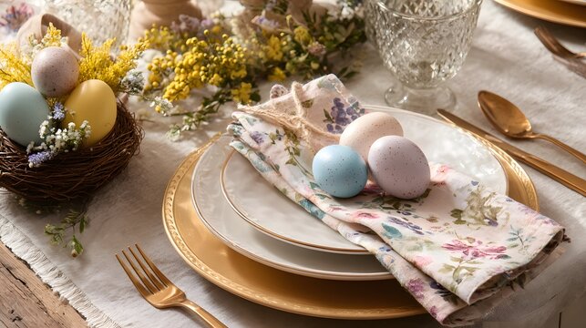 Elegant Easter table setting with pastel eggs and floral napkins