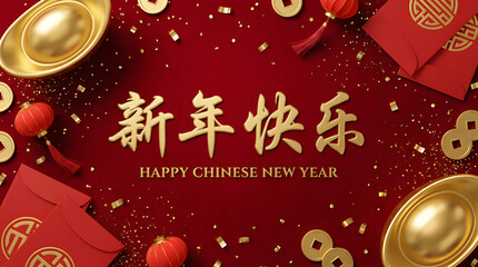 A vibrant Chinese New Year greeting with gold calligraphy, festive red lanterns, red envelopes, gold ingots, and coins on a rich red background, symbolizing luck, prosperity, and celebration.