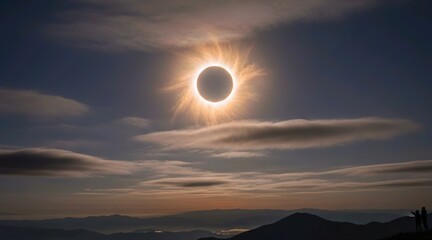 Total Solar Eclipse with Sun Corona over Mountain Peaks at Twilight