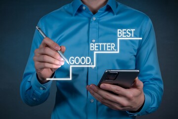 Businessman using smartphone and pen to select options: good, better, best