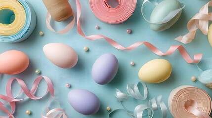 Easter eggs and ribbons arranged on a pastel blue background for a festive celebration