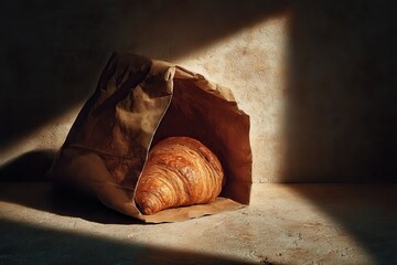 Fresh croissant in paper bag with sunbeam