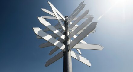 Directional Signpost with Multiple Arrows Pointing in Different Directions against a Clear Blue Sky