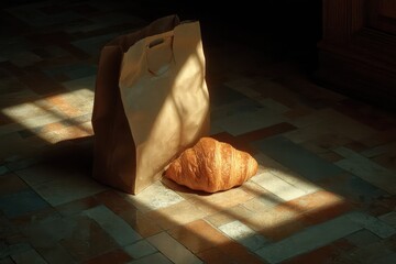Golden croissant and paper bag in dramatic sunlight on tiled floor