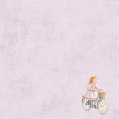 Cute vintage illustration of girl riding bicycle