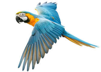 Blue and gold macaw in mid flight isolated on a transparent background parrot bird 1