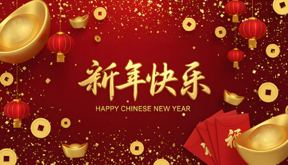 A vibrant Chinese New Year greeting with gold calligraphy, festive red lanterns, red envelopes, gold ingots, and coins on a rich red background, symbolizing luck, prosperity, and celebration.
