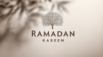 Word Ramadan and a tree against a wall with a shadowed ornament. Greeting card design for the Muslim holy month.