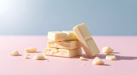 A stack of white chocolate bars arranged on a pastel pink surface, surrounded by chocolate pieces, viewed from a slight angle.