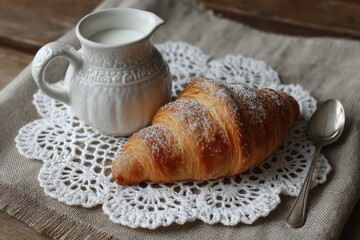 Flaky croissant with powdered sugar and milk jug for breakfast