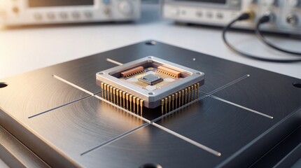 High-tech microprocessor placed on black testing platform with equipment  