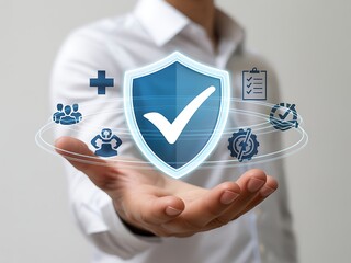 Businessman holding digital security shield with checkmarks
