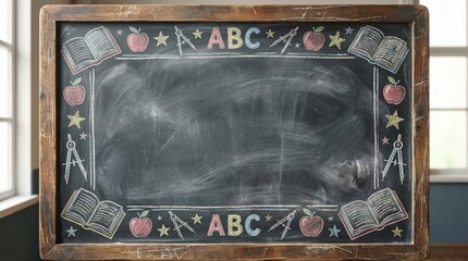Blackboard with colorful education themed chalk drawings