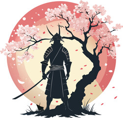 Obraz premium Japanese Samurai Armor Silhouette with Sakura Blossom Circle Vector