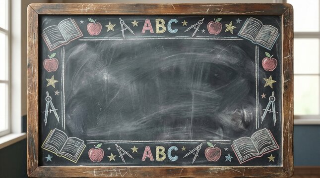 Blackboard with colorful education themed chalk drawings - Powered by Adobe