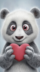 Cute panda with a red heart, holiday card with the concept of love, care and warm emotions