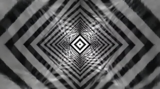 Abstract monochrome tunnel with geometric shapes receding into the distance.