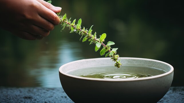 hyssop. A hyssop branch being dipped into a ceramic bowl of clear water. event programs, museum guides, designed for cultural heritage projects and event programs.