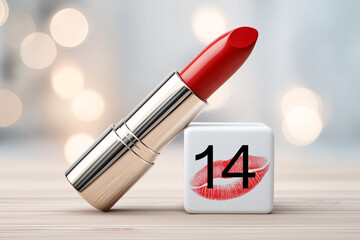 Calendar page showing February 14 highlighted with a red lipstick kiss mark, symbolizing Valentine&rsquo;s Day, love, romance and romantic celebration concept.